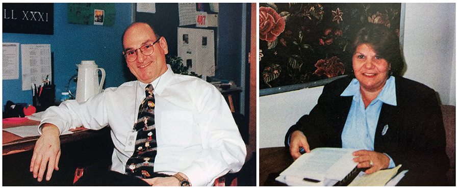 Yearbook portraits of North Springfield Center principals James A. Sebben and Judith Owens. The photographs were taken in 1999 and 2000 respectively. Both are seated in their offices, Sebben at his desk, and Owens at a table looking through paperwork. 