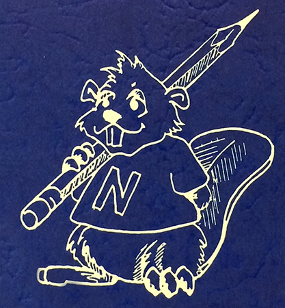 Illustration of North Springfield Elementary School’s mascot, a beaver, from the cover of the 1991 to 1992 yearbook. The drawing is in white on a blue background. The beaver is wearing a t-shirt with the letter N on it, and is holding pencil. 